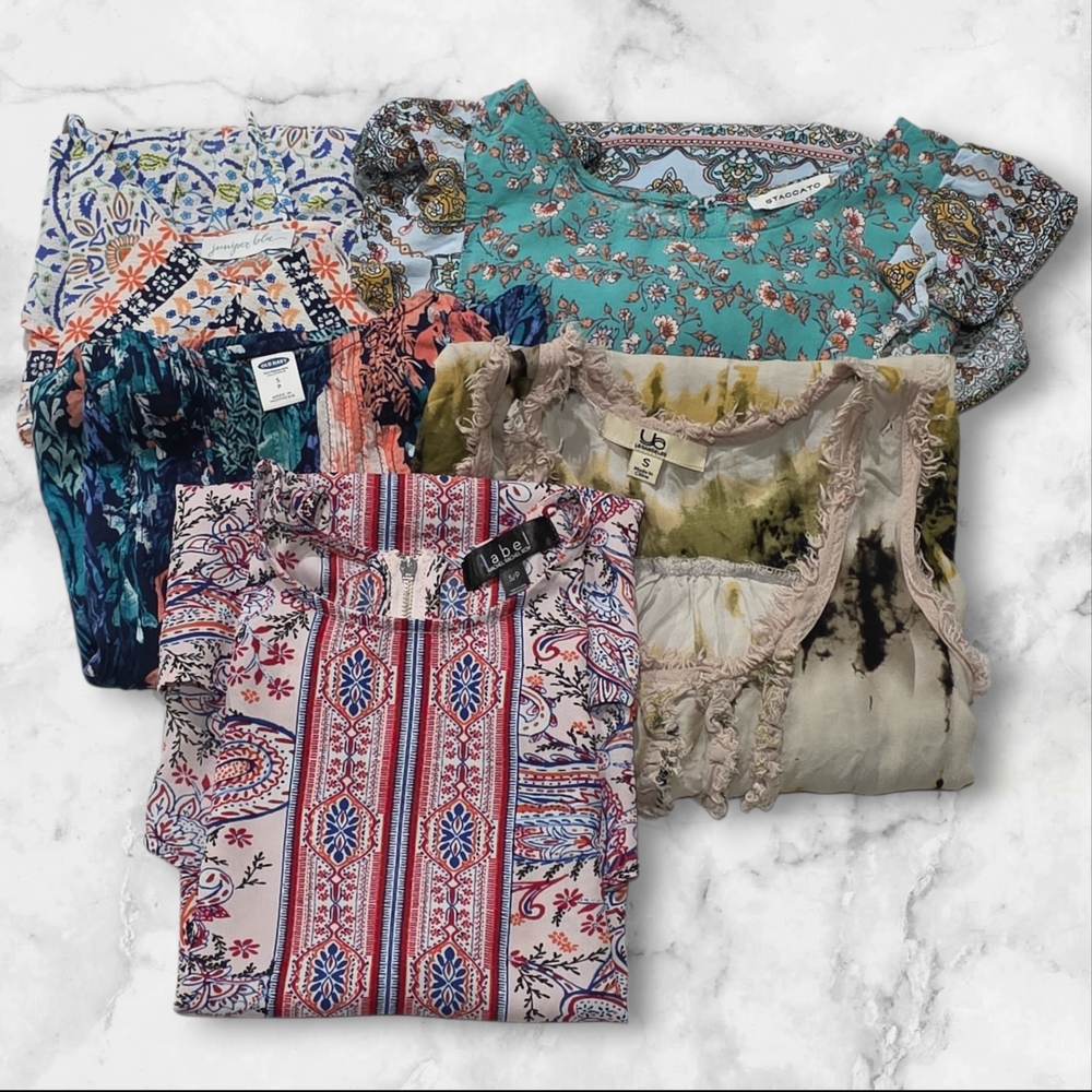 Set Of Five Colorful Patterned Sleeveless Blouses Tops Shirts Size Small (S) C58